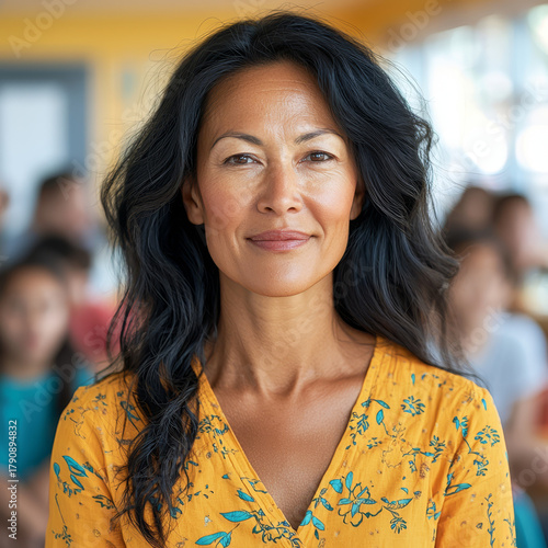 Smiling woman in yellow floral shirt looking forward with a blurred background of people.