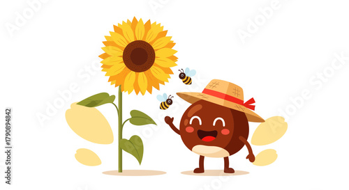 Cheerful Chestnut With Bees And Sunflower Enjoying A Sunny Day Together