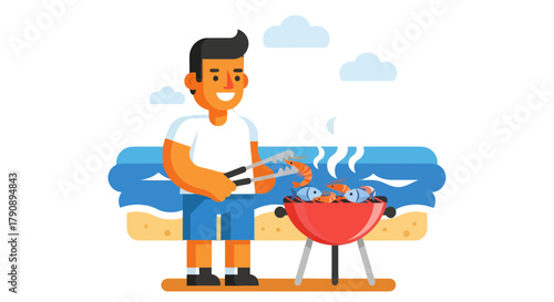 Coastal Chef Grilling Seafood Delights Underneath Evening Clouds and Moonlight