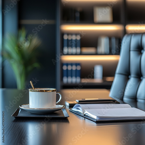 Sophisticated office desk with a coffee cup open notebook and plush leather chair.