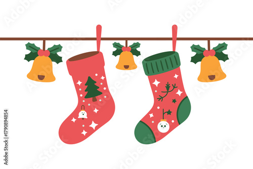 Two festive Christmas stockings hang on a string, adorned with bells and holly decorations.