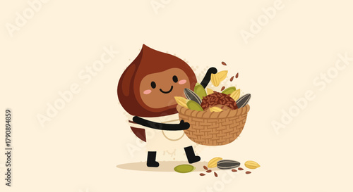 Cheerful Chestnut Mascot Delivering A Basket of Harvested Nuts with Joy and Enthusiasm