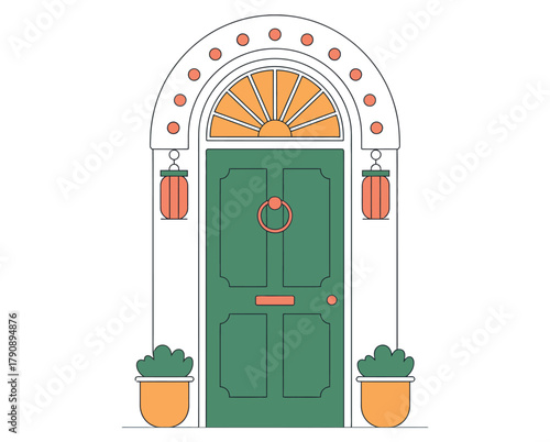 A charming green doorway is illustrated with potted plants on either side.