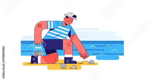 Coastal Explorer Collects Seashells on The Shoreline Enjoying Seaside Summer Activities