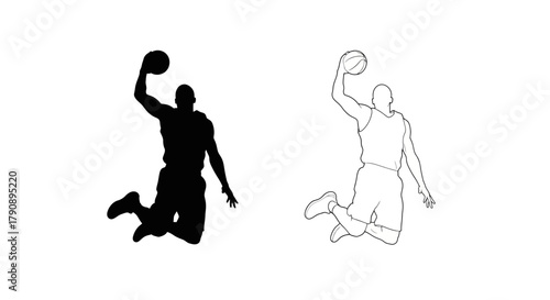Basketball players in action a silhouette and a line drawing illustration