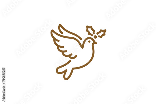 A delicate line drawing of a dove carrying a holly sprig in its beak, symbolizing peace and the holiday season.