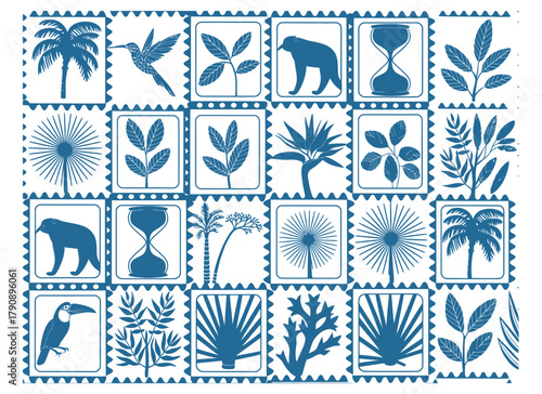 A collection of vintage postage stamps depicts flora, fauna, and abstract motifs.