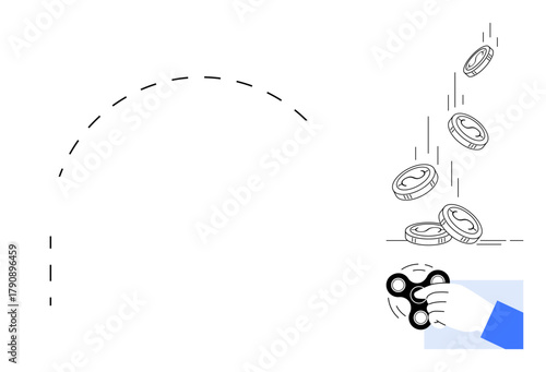 Fidget spinner in hand with coins falling as dotted trajectory shows motion. Ideal for finance, investment, cash flow, playfulness, stress relief, dynamics, creative concepts. Simple flat metaphor