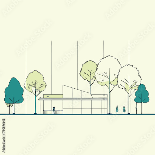 Minimal modern house elevation with flat roof, pastel pink walls, large glass doors, rooftop terrace, surrounding trees, human figures, and clean architectural line drawing style