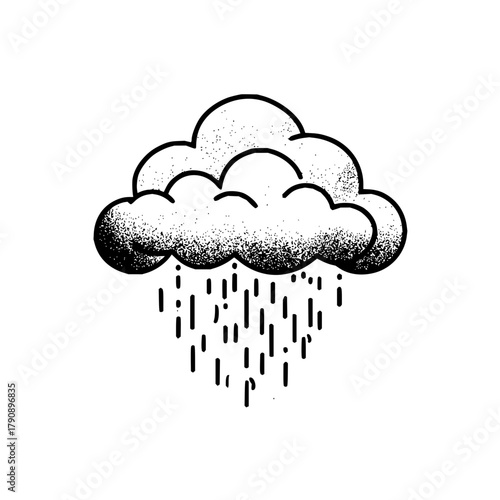 Stylized drawing of a cloud with raindrop shapes falling from it on a white background in black ink