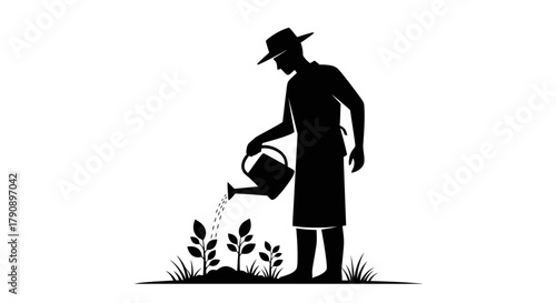 Silhouette of a gardener watering plants in a simple garden scene