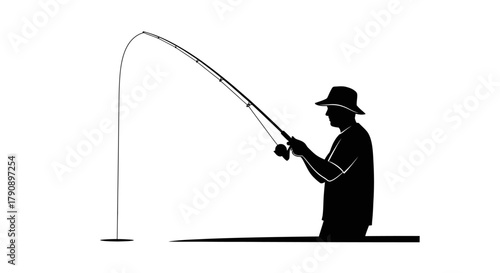 Silhouette of a fisherman with a bent fishing rod enjoying the quiet outdoors