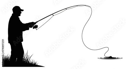 Silhouette of a fisherman casting a line into calm waters