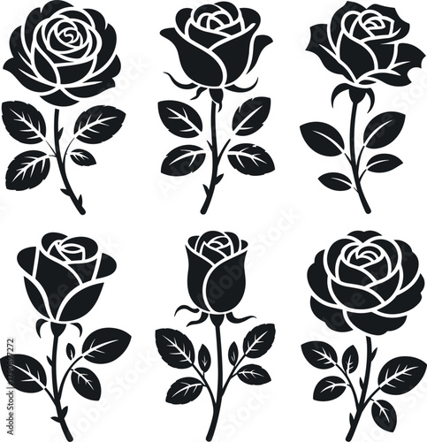 Collection of six black rose silhouettes with stems and leaves