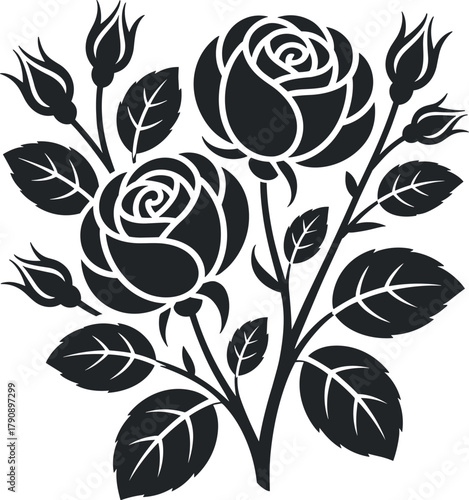 Elegant black silhouette of two blooming roses and buds