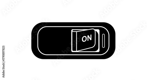 A black switch with a white book icon and the word on