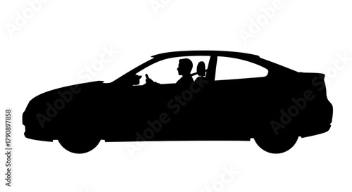 A silhouette of a car with passengers inside viewed from the side