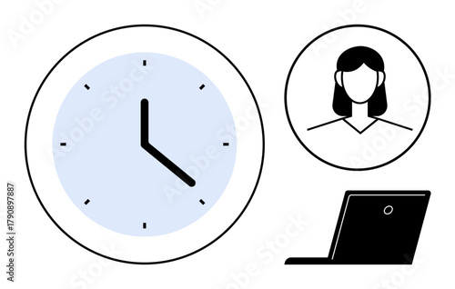 Clock indicating time, female avatar, and laptop display focus on productivity, planning, work-life balance. Ideal for scheduling, remote work, office organization, time tracking deadlines