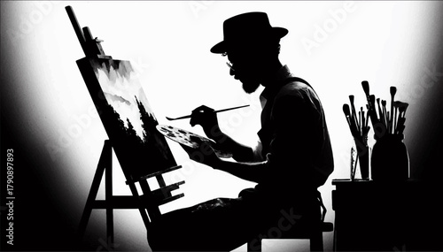 A black and white illustration of the silhouette of a talented male artist who holds a brush and palette in his hands and paints a picture at an easel. Vector graphics. EPS.