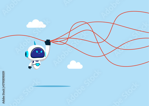 Robot straightens the untied thread line. Simplification, problem solving. Flat vector illustration