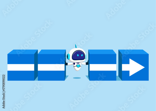Robot divides the arrow blocks into two parts. Stop financing technology. Interruption of the process. Decision to change. Vector flat illustration