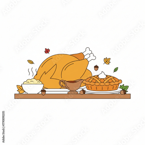 Simple Thanksgiving illustration featuring a roasted turkey, pumpkin pie, gravy, and mashed potatoes with autumn leaves around. Perfect for holiday designs or festive decorations.