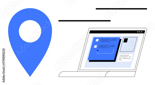 Large blue map pin beside a laptop showing geolocation data, design layouts, and interface elements. Ideal for navigation, travel, technology, app design, web, analytics digital tools and a simple