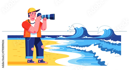 Coastal Photographer Capturing Dynamic Waves With Professional Camera Illustrations