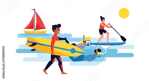 Coastal Recreation: Surfing, Paddleboarding, And Snorkeling Under The Evening Celestial