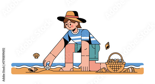 Coastal Shell Collector Delights In Beachcombing On A Sunny Day