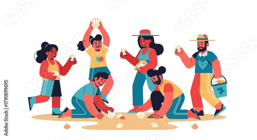 Coastal Shell Hunters Enjoy A Seaside Adventure And Happy Moments Together