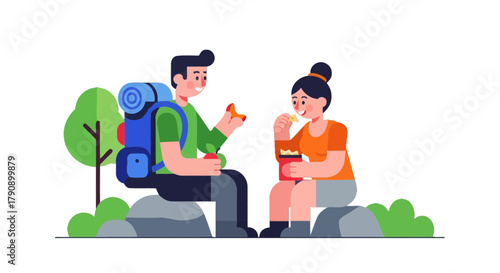 Couple Enjoying Snacks After Hiking and Relaxing in the Peaceful Wilderness
