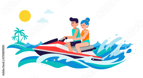 Couple Enjoying Watersport Adventure on Jet Ski in Tropical Paradise
