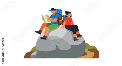 Couple Hiking On Boulder Checking Map While Resting On a Scenic View Journey