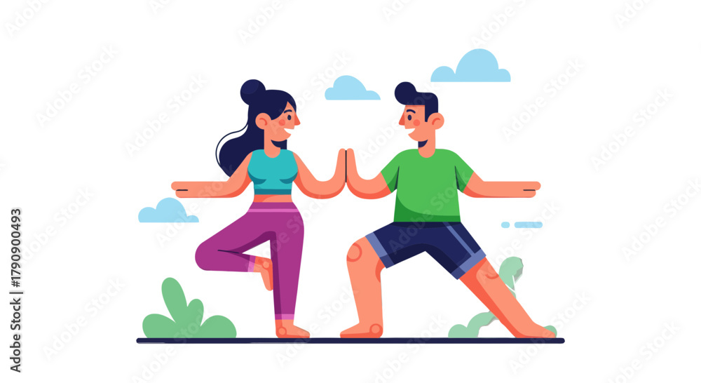 Fototapeta premium Couple Meditating Together Outdoors in a Yoga Pose Surrounded by Clouds and Greenery