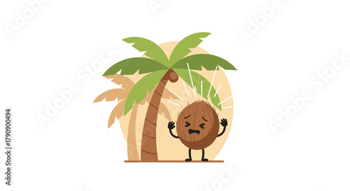 Coconut’s Distress: Illustration Of A Tropical Scene, Palm Tree And A Scared Coconut