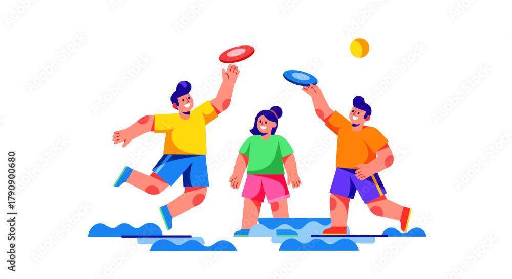 Fototapeta premium Colorful Illustration of Friends Playing Disc, Outdoor Fun, and Recreational Activities