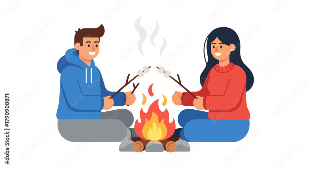 Fototapeta premium Couple Roasting Marshmallows Together By the Campfire at Night Outside Bonding