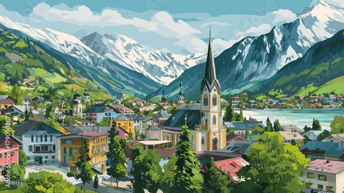 Cityscape of kaprun, town in austria, attractive touristic advertisement poster, beautiful touristic must-see destination. Beautiful tourist destination. Beautiful idyllic village Kaprun, mountain vil