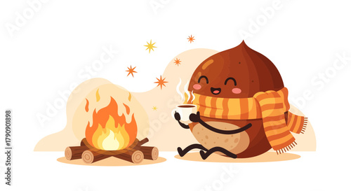 Cozy Chestnut Character Enjoys Campfire, Hot Drink, and Sparkling Stars on Bright White