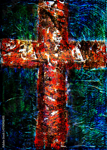 grunge texture cross in red orange black white on green blue