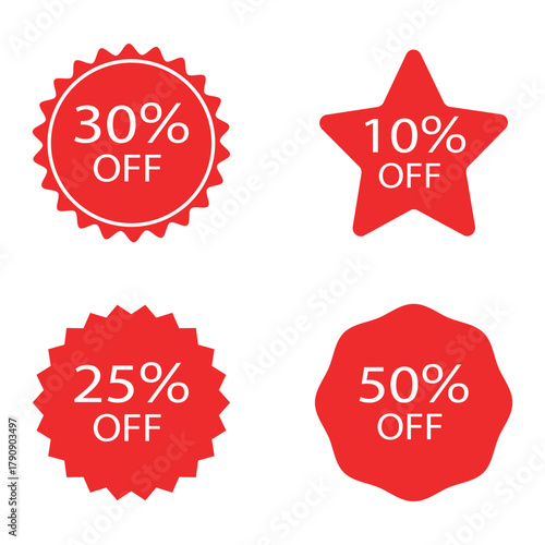 Four red discount tags with different shapes and percentages off, vector illustration