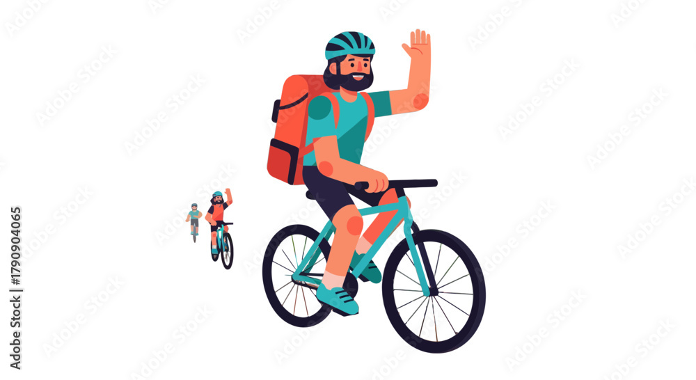 Naklejka premium Cyclist Delivery Service Showing Greetings With Food Backpack Isolated In Dark Background
