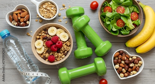 Wallpaper Mural Healthy food and fitness equipment dumbbells granola Torontodigital.ca
