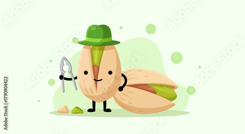 Cute Cartoon Pistachios Mascot With Hat and Cracker Ready to Offer a Nutty Snack