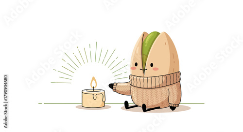 Cute Pistachio Character Near Candle With Cozy Sweater Concept Cartoon Illustration