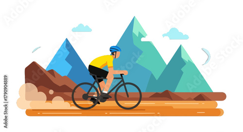 Cyclist Adventure Under Mountainous Landscape in Geometric Minimalist Design Style