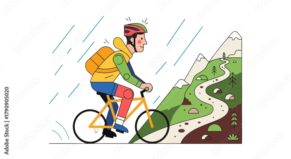 Fototapeta premium Cyclist Ascending Mountain Path During Rainfall Representing Adventure and Fitness Goals