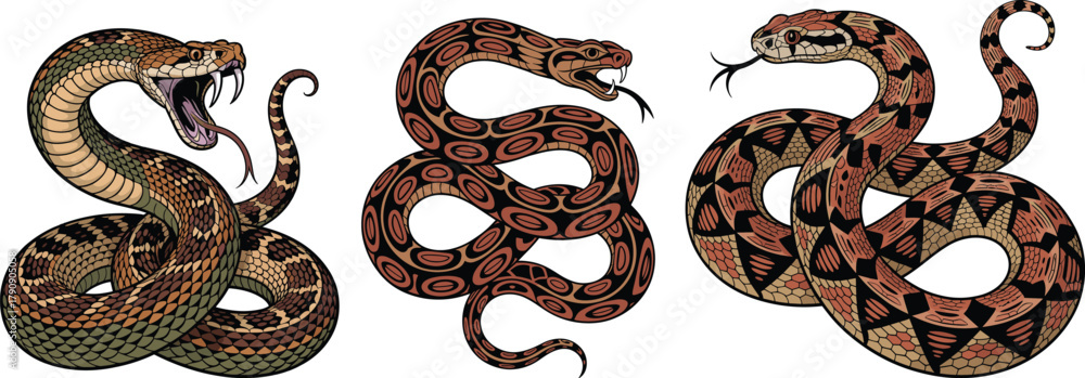 Obraz premium Aggressive Rattlesnake and Viper Vector Set: Detailed Coiled Venomous Snake Illustration