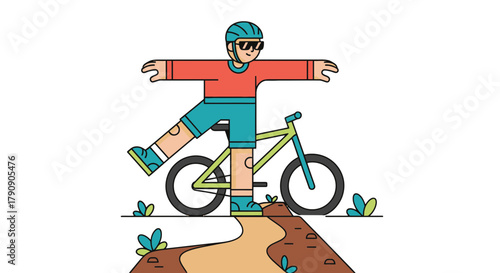 Cyclist Balancing Adventure on Bicycle Trail, Mountain Biking Fun in Vibrant Illustration